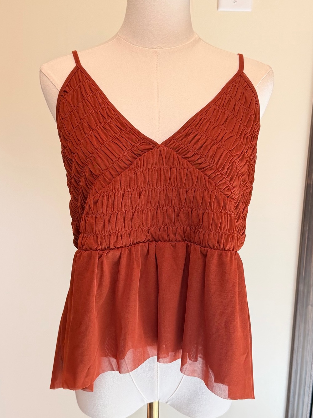 Anthropologie Rust Smocked V-Neck Spaghetti Strap Tank Top